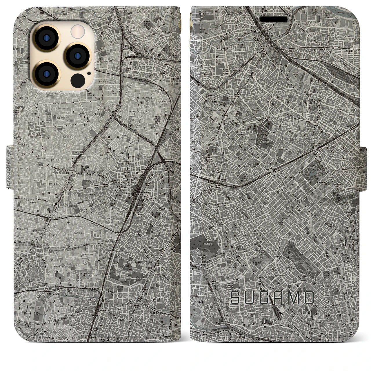 【巣鴨(東京都)】地図柄iPhoneケース(手帳タイプ)モノトーン・iPhone 12 Pro Max 用