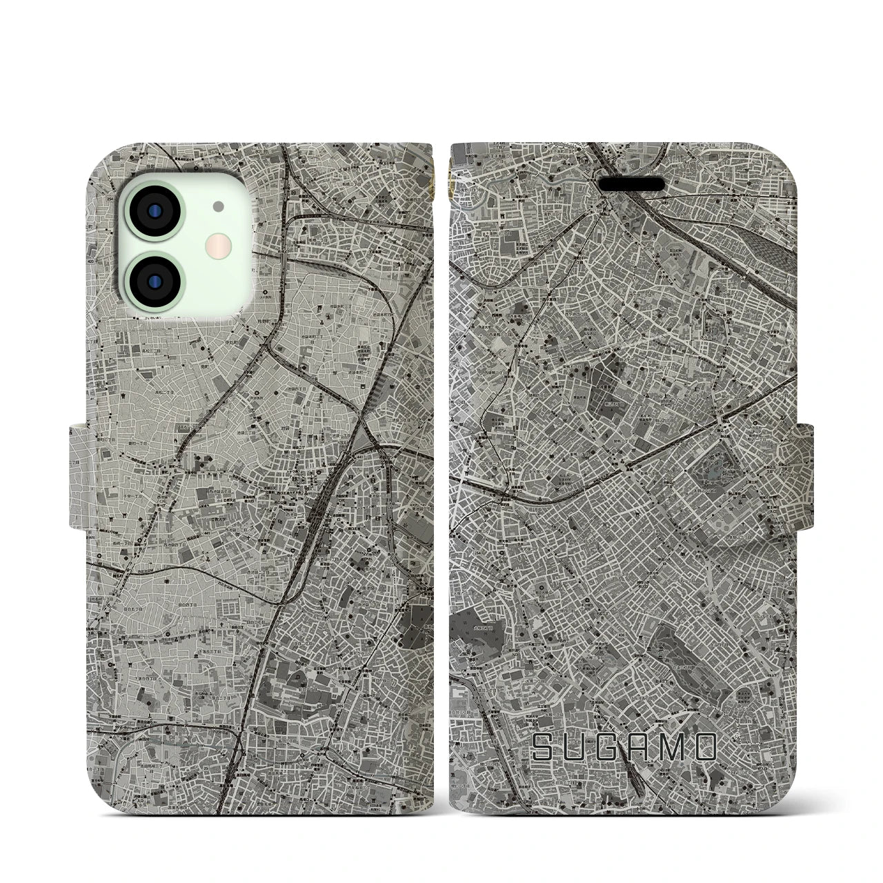 【巣鴨(東京都)】地図柄iPhoneケース(手帳タイプ)モノトーン・iPhone 12 mini 用