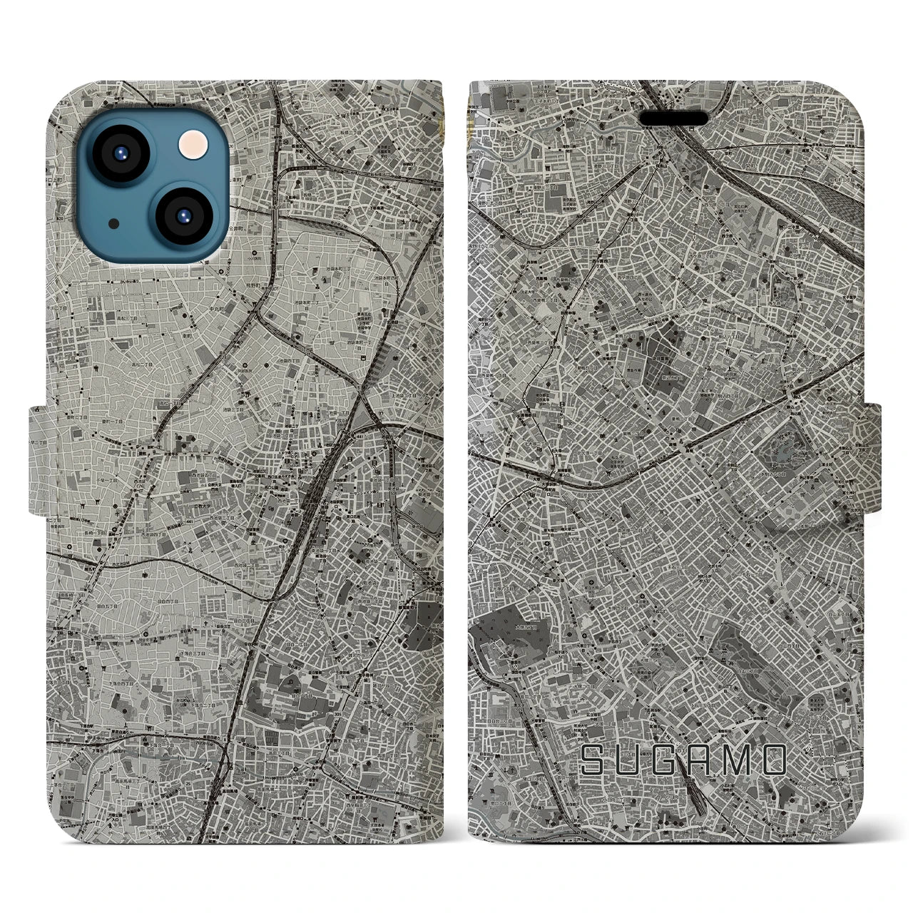 【巣鴨(東京都)】地図柄iPhoneケース(手帳タイプ)モノトーン・iPhone 13 用