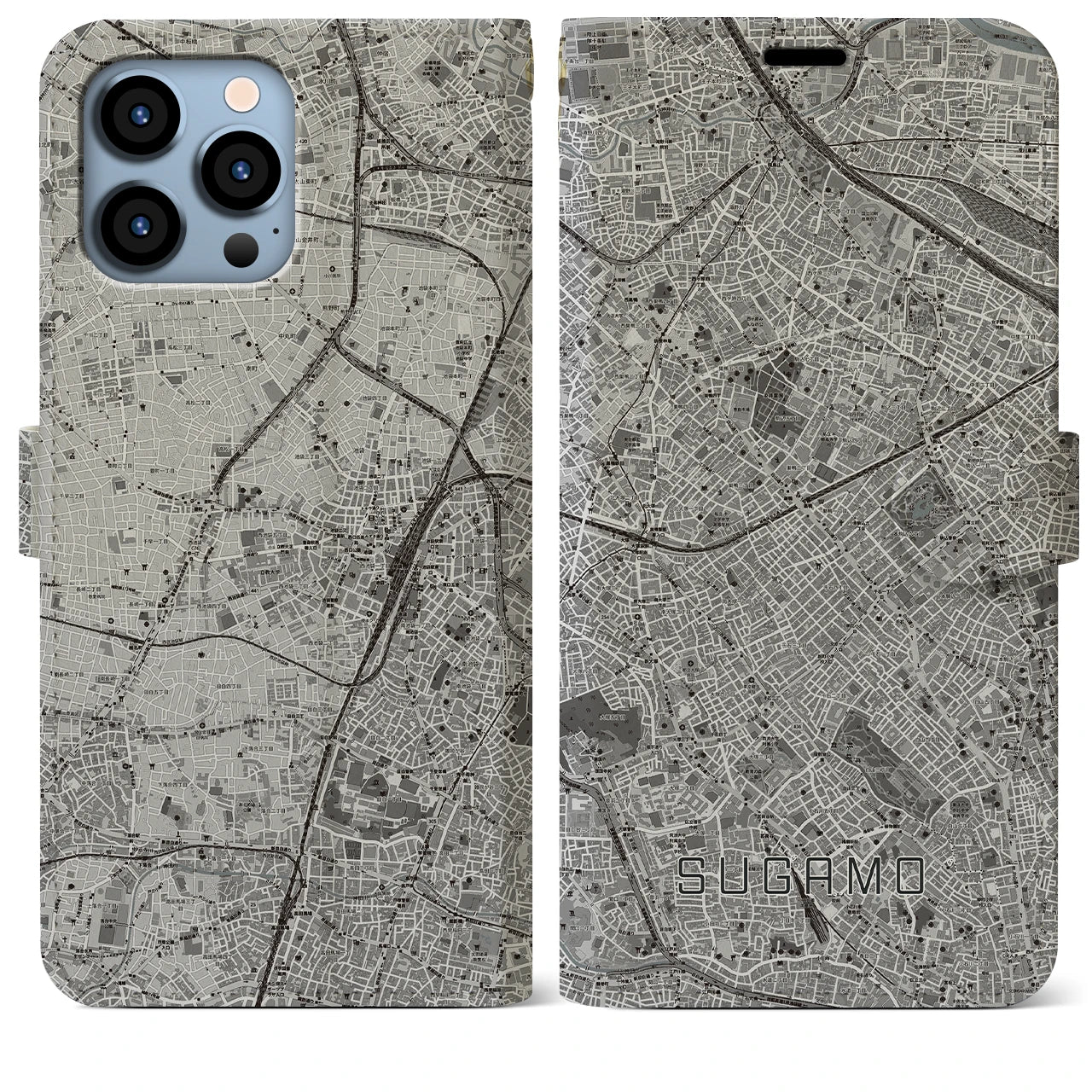 【巣鴨(東京都)】地図柄iPhoneケース(手帳タイプ)モノトーン・iPhone 13 Pro Max 用