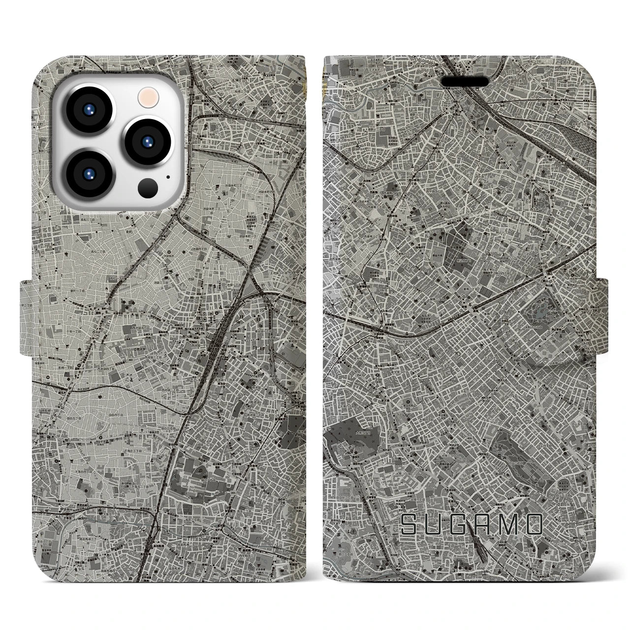 【巣鴨(東京都)】地図柄iPhoneケース(手帳タイプ)モノトーン・iPhone 13 Pro 用