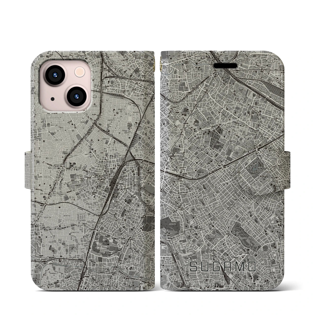 【巣鴨(東京都)】地図柄iPhoneケース(手帳タイプ)モノトーン・iPhone 13 mini 用