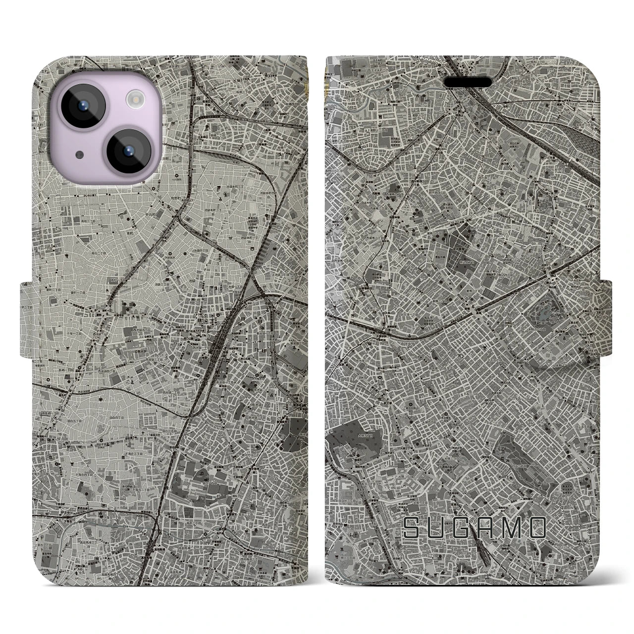 【巣鴨(東京都)】地図柄iPhoneケース(手帳タイプ)モノトーン・iPhone 14 用