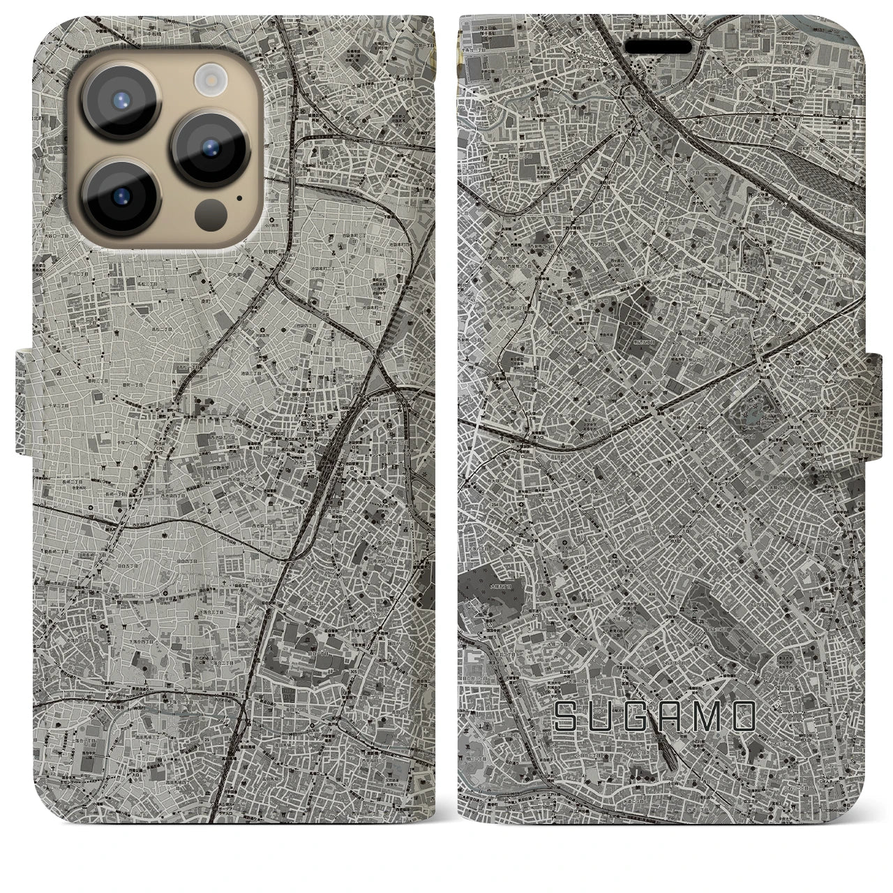 【巣鴨(東京都)】地図柄iPhoneケース(手帳タイプ)モノトーン・iPhone 14 Pro Max 用
