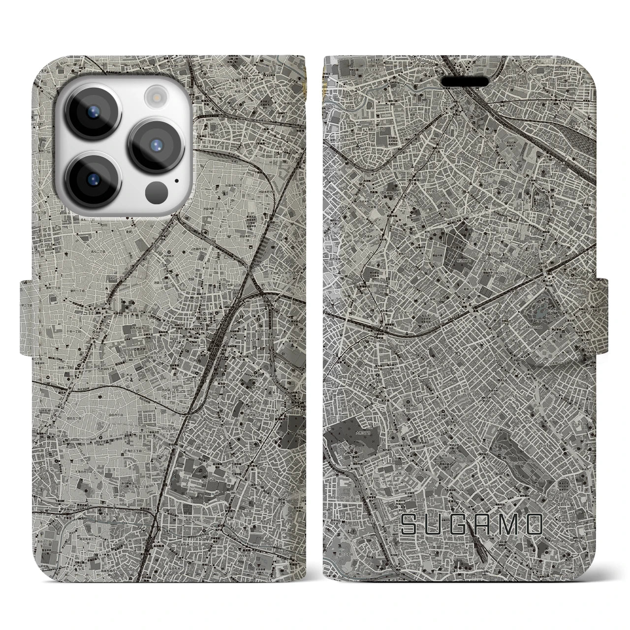 【巣鴨(東京都)】地図柄iPhoneケース(手帳タイプ)モノトーン・iPhone 14 Pro 用