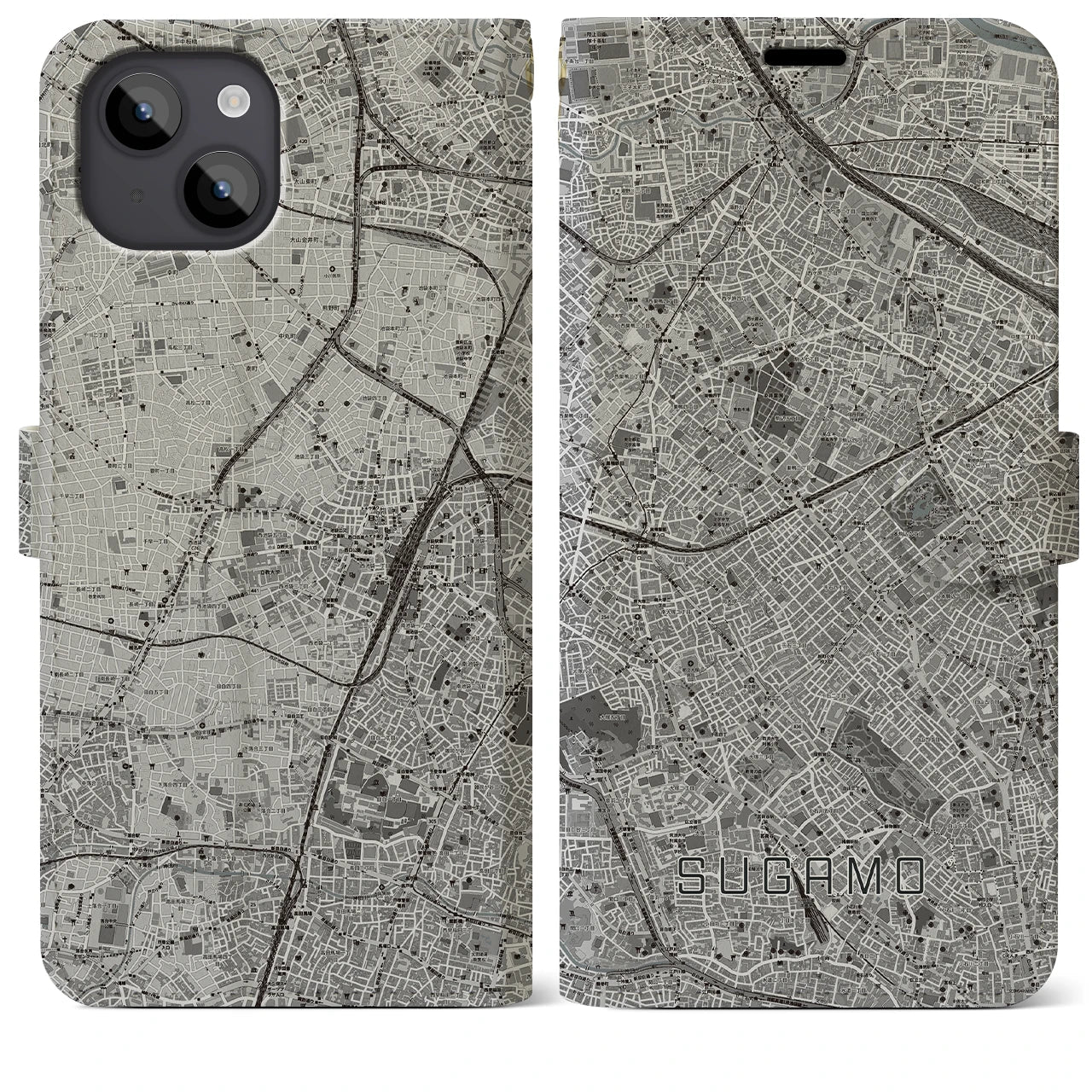 【巣鴨(東京都)】地図柄iPhoneケース(手帳タイプ)モノトーン・iPhone 14 Plus 用