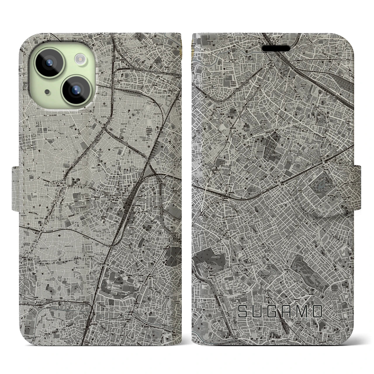 【巣鴨(東京都)】地図柄iPhoneケース(手帳タイプ)モノトーン・iPhone 15 用