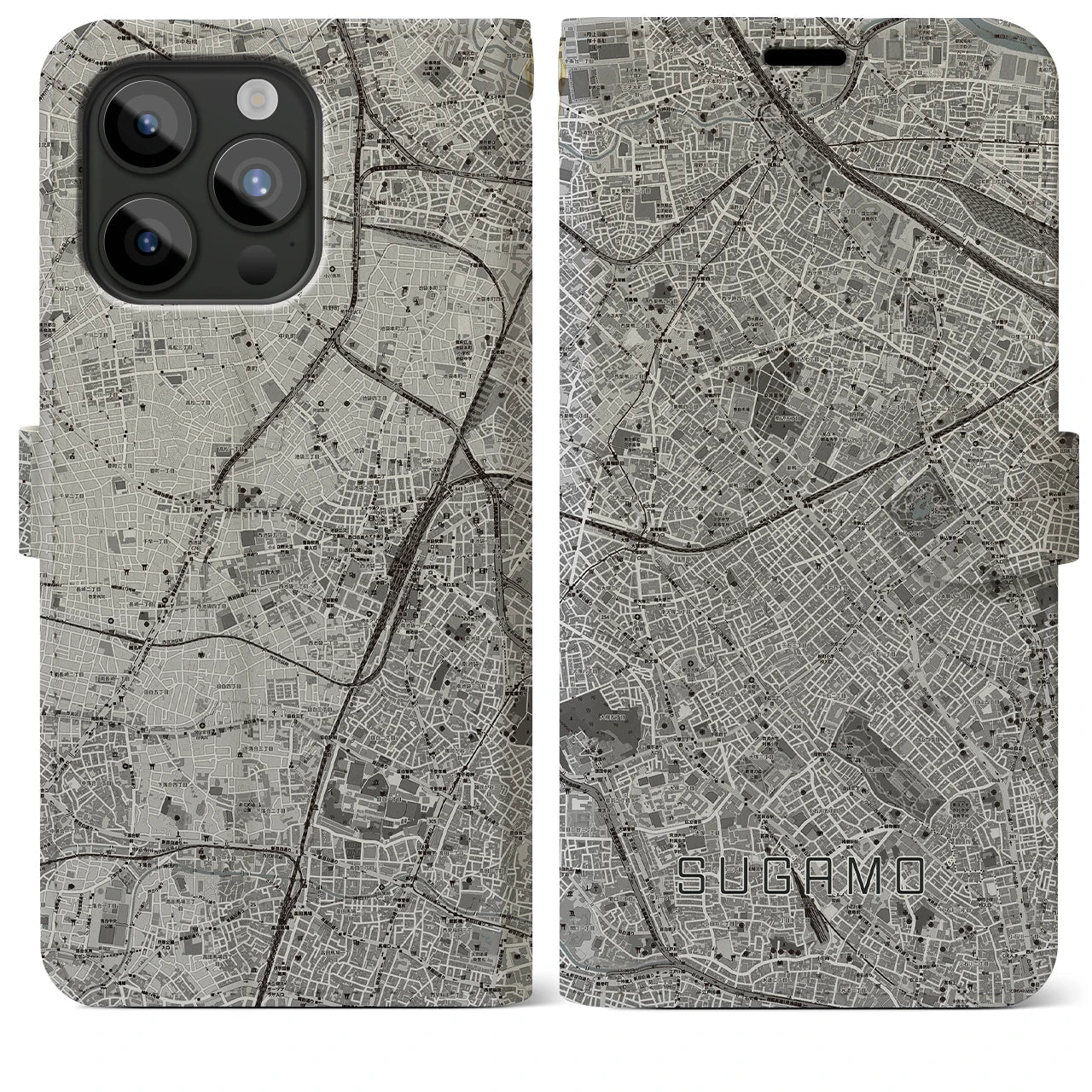 【巣鴨(東京都)】地図柄iPhoneケース(手帳タイプ)モノトーン・iPhone 15 Pro Max 用