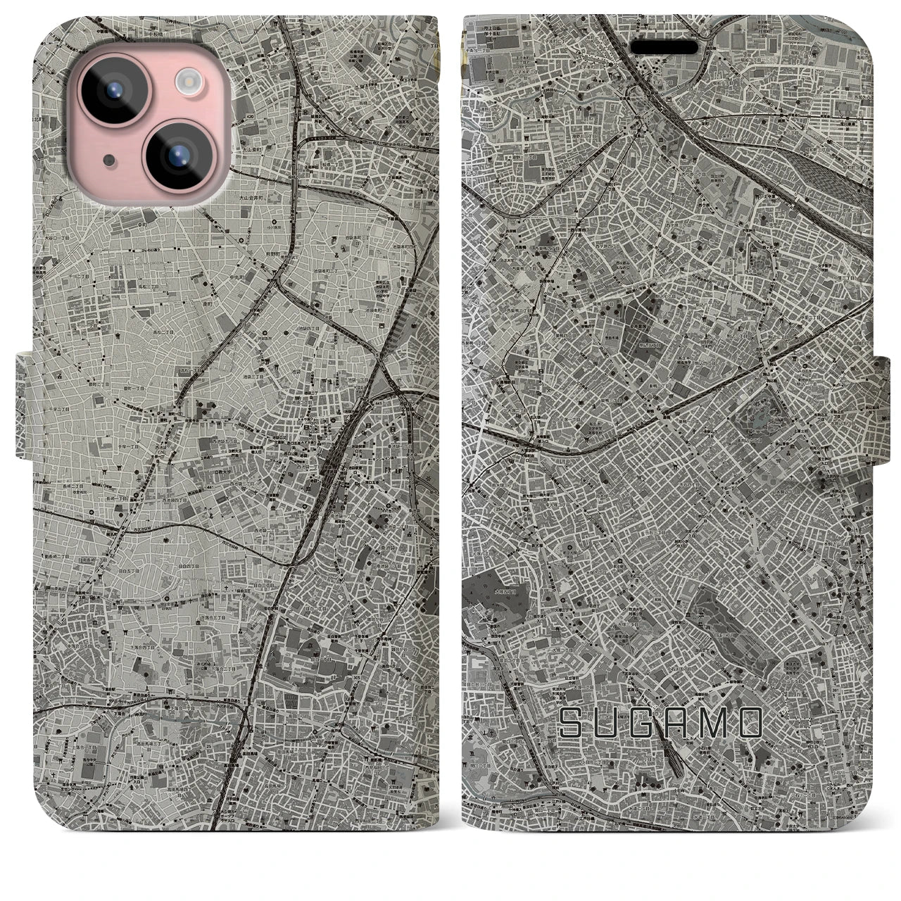 【巣鴨(東京都)】地図柄iPhoneケース(手帳タイプ)モノトーン・iPhone 15 Plus 用