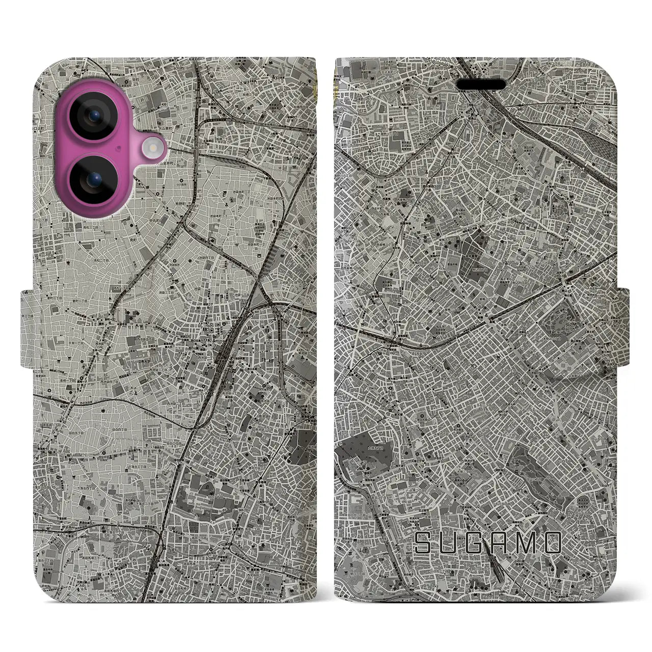 【巣鴨(東京都)】地図柄iPhoneケース(手帳タイプ)モノトーン・iPhone 16 Pro 用
