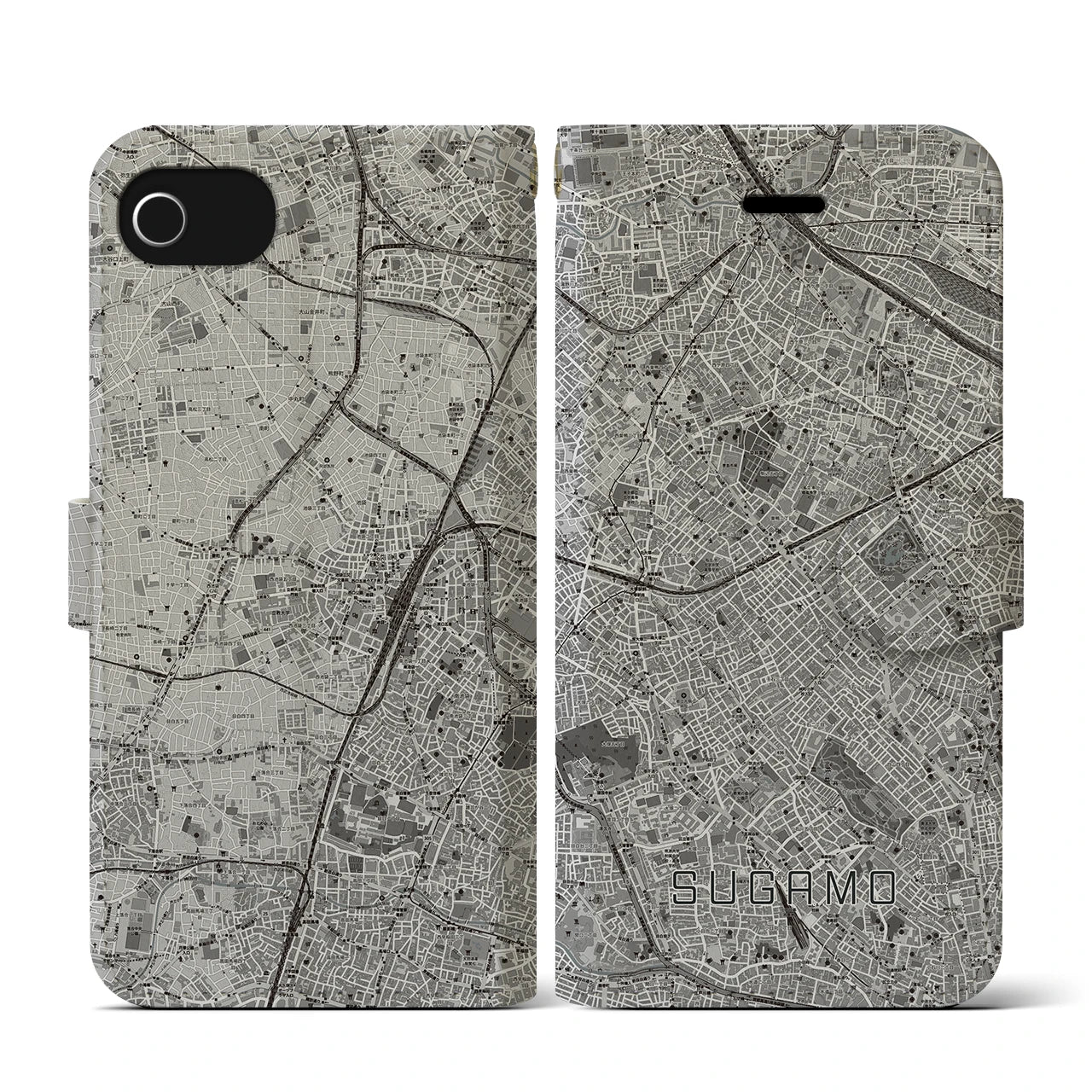 【巣鴨(東京都)】地図柄iPhoneケース(手帳タイプ)モノトーン・iPhone SE(第3 / 第2世代) / 8 / 7 / 6s / 6 用