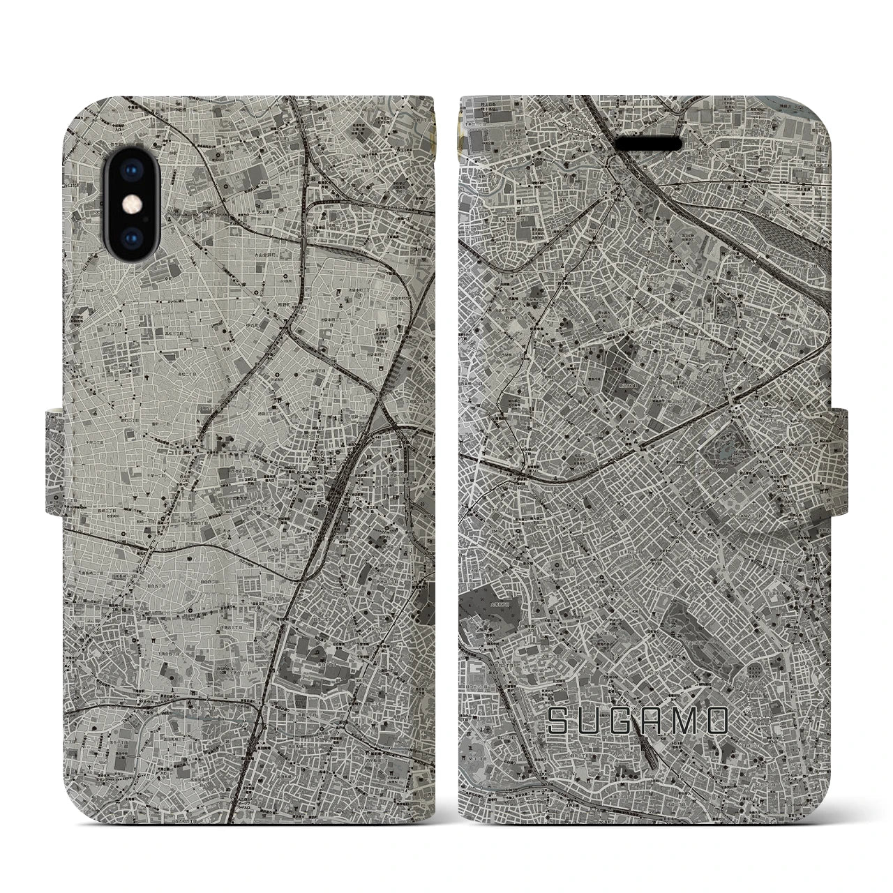 【巣鴨(東京都)】地図柄iPhoneケース(手帳タイプ)モノトーン・iPhone XS / X 用