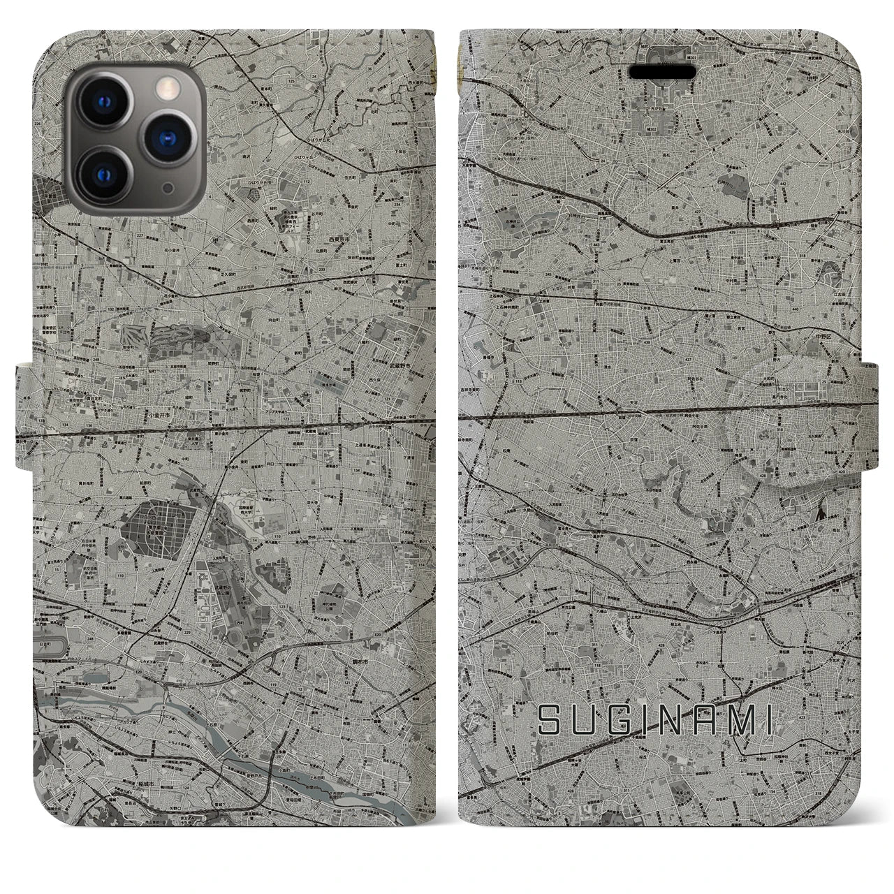 【杉並(東京都)】地図柄iPhoneケース(手帳タイプ)モノトーン・iPhone 11 Pro Max 用