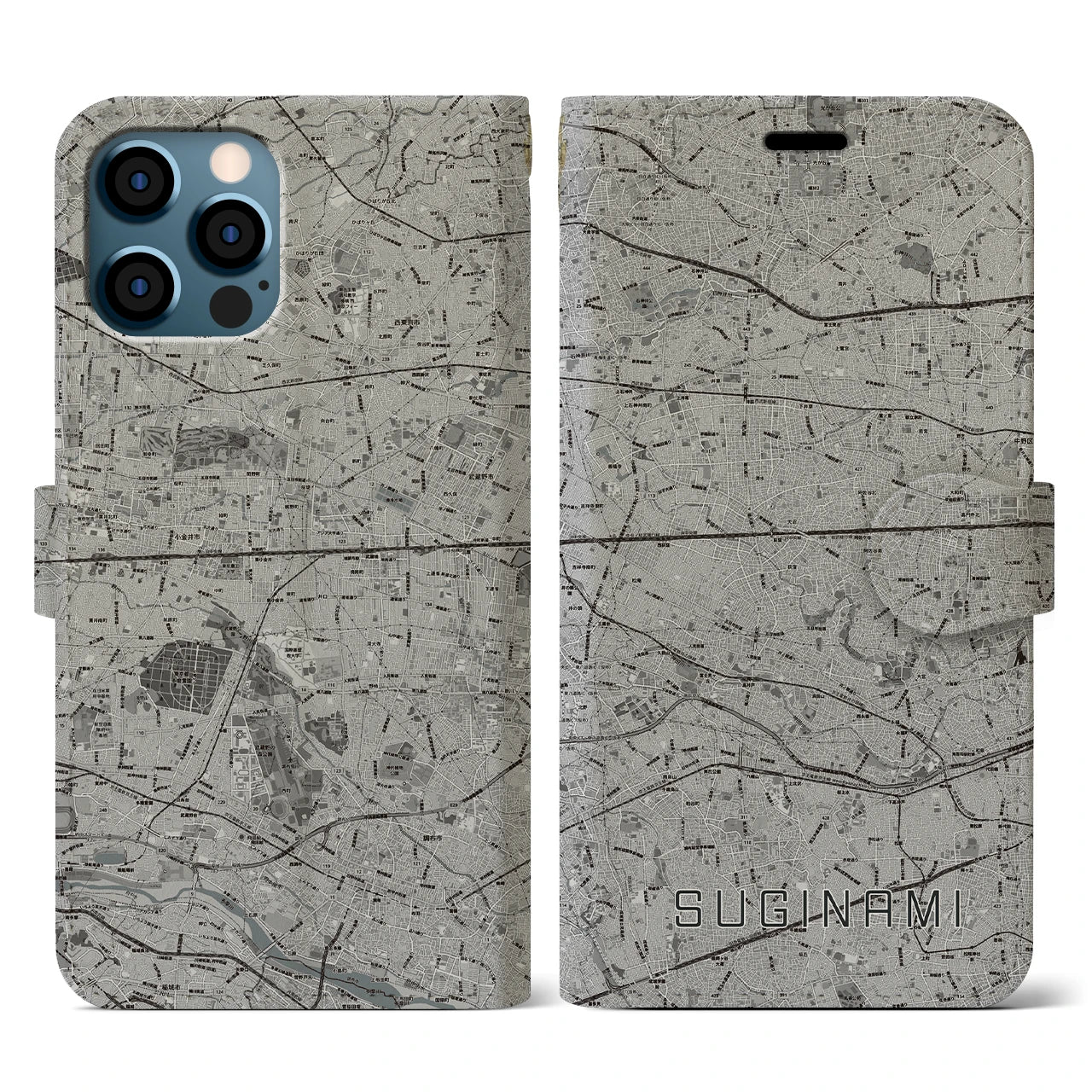 【杉並(東京都)】地図柄iPhoneケース(手帳タイプ)モノトーン・iPhone 12 / 12 Pro 用