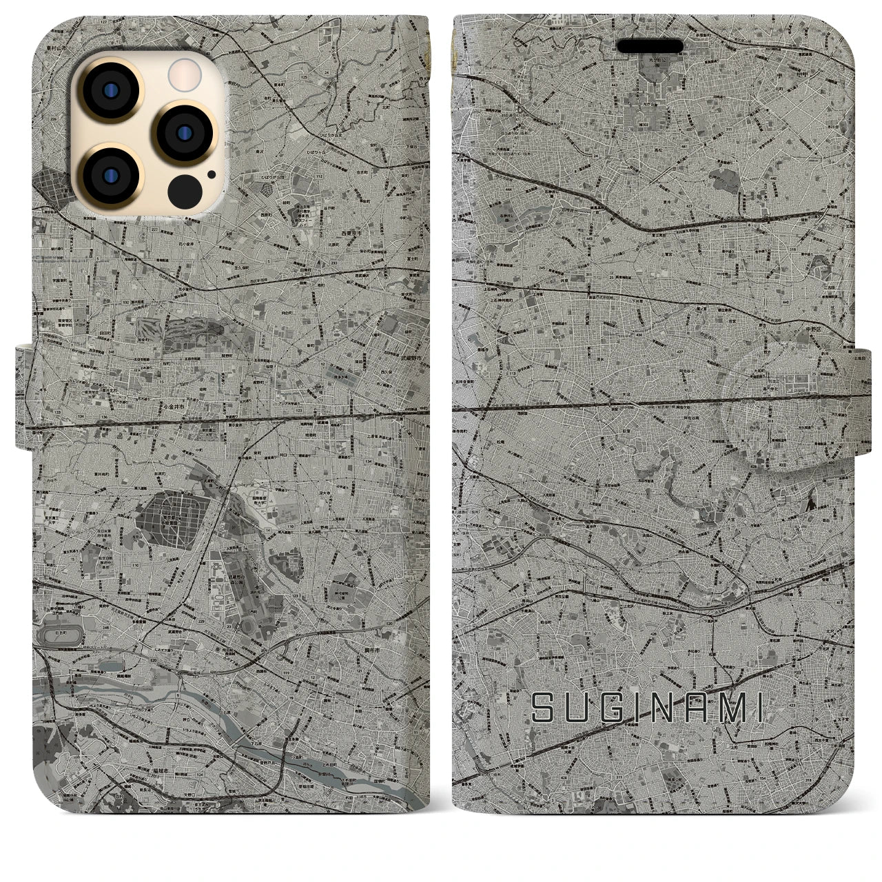 【杉並(東京都)】地図柄iPhoneケース(手帳タイプ)モノトーン・iPhone 12 Pro Max 用
