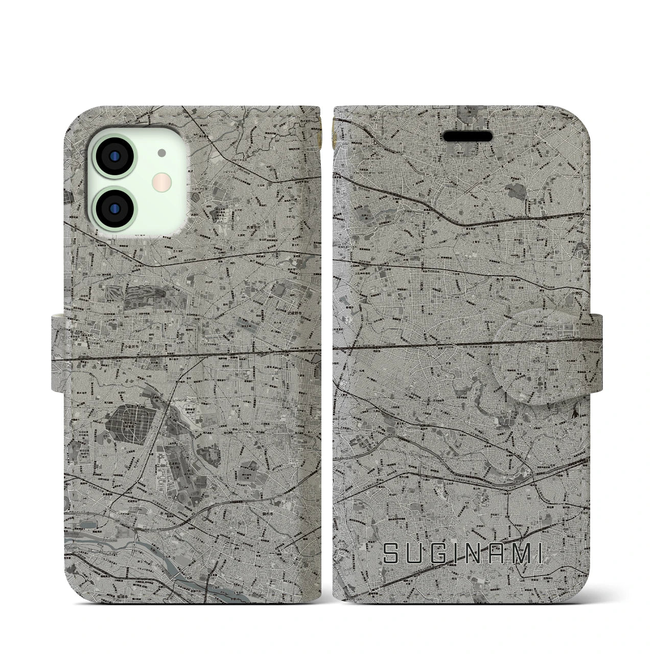 【杉並(東京都)】地図柄iPhoneケース(手帳タイプ)モノトーン・iPhone 12 mini 用