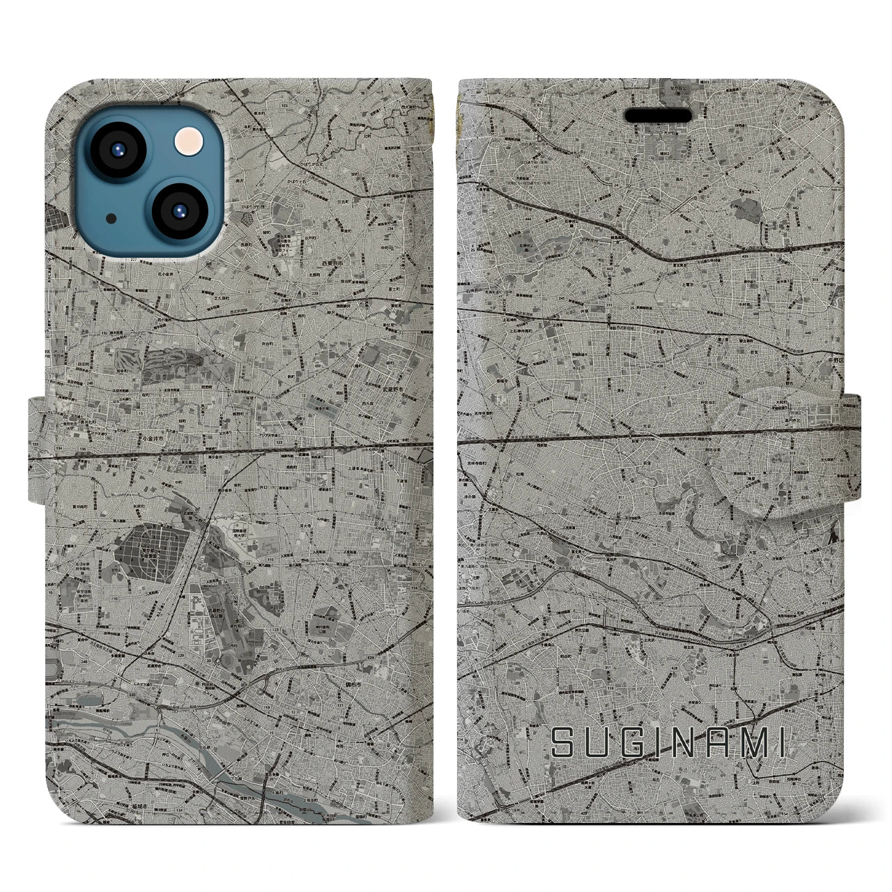 【杉並(東京都)】地図柄iPhoneケース(手帳タイプ)モノトーン・iPhone 13 用