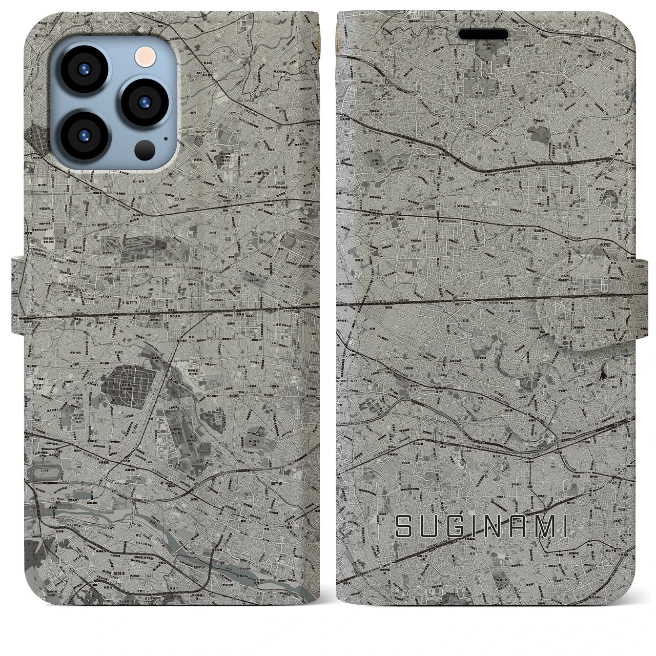 【杉並(東京都)】地図柄iPhoneケース(手帳タイプ)モノトーン・iPhone 13 Pro Max 用