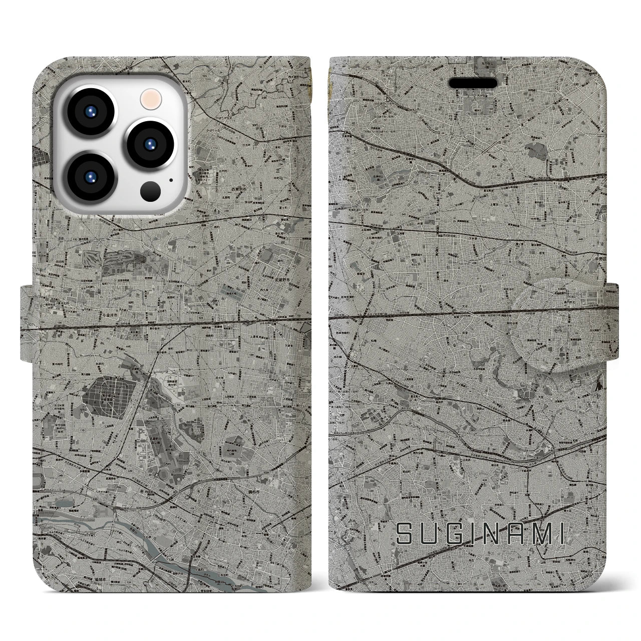 【杉並(東京都)】地図柄iPhoneケース(手帳タイプ)モノトーン・iPhone 13 Pro 用