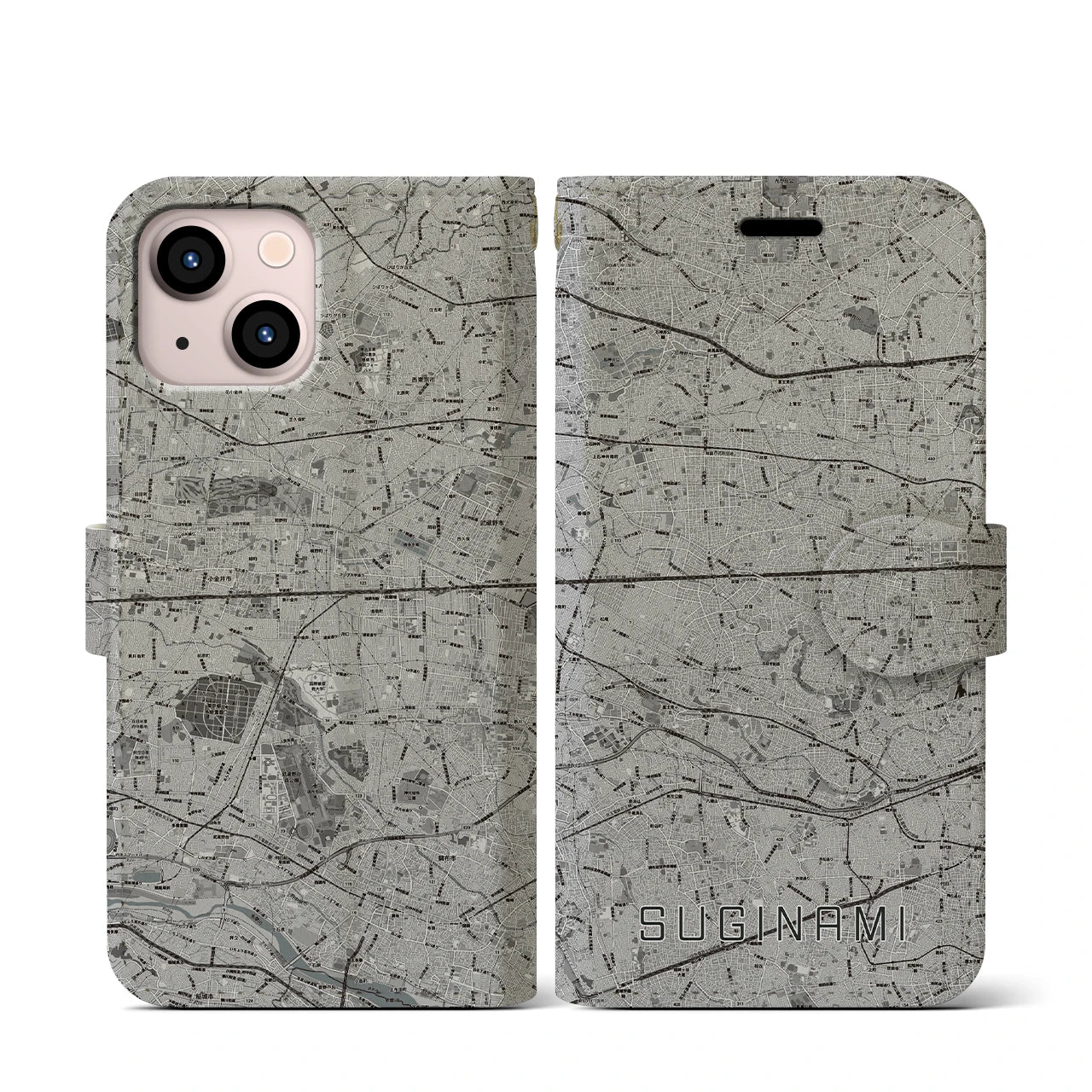 【杉並(東京都)】地図柄iPhoneケース(手帳タイプ)モノトーン・iPhone 13 mini 用