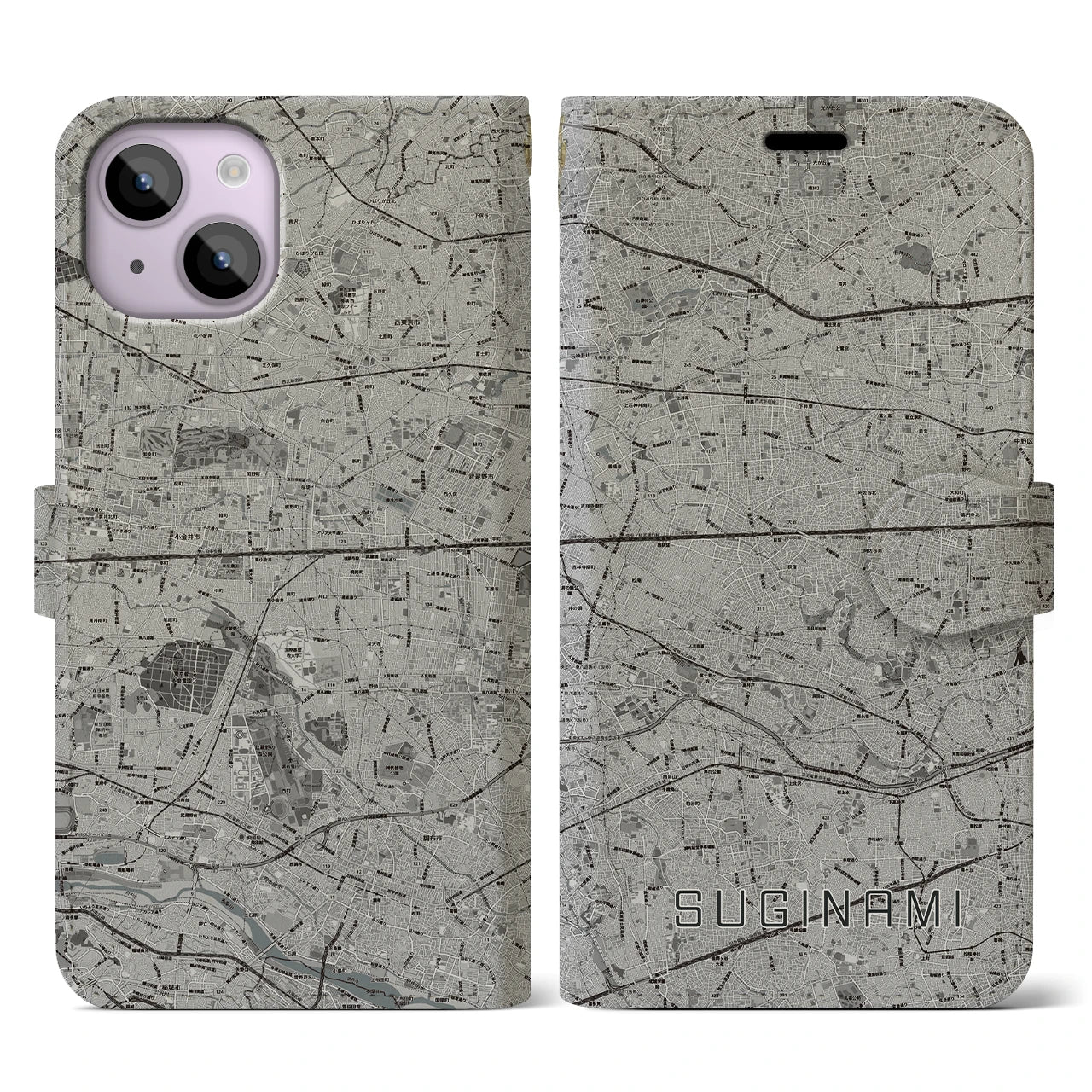 【杉並(東京都)】地図柄iPhoneケース(手帳タイプ)モノトーン・iPhone 14 用