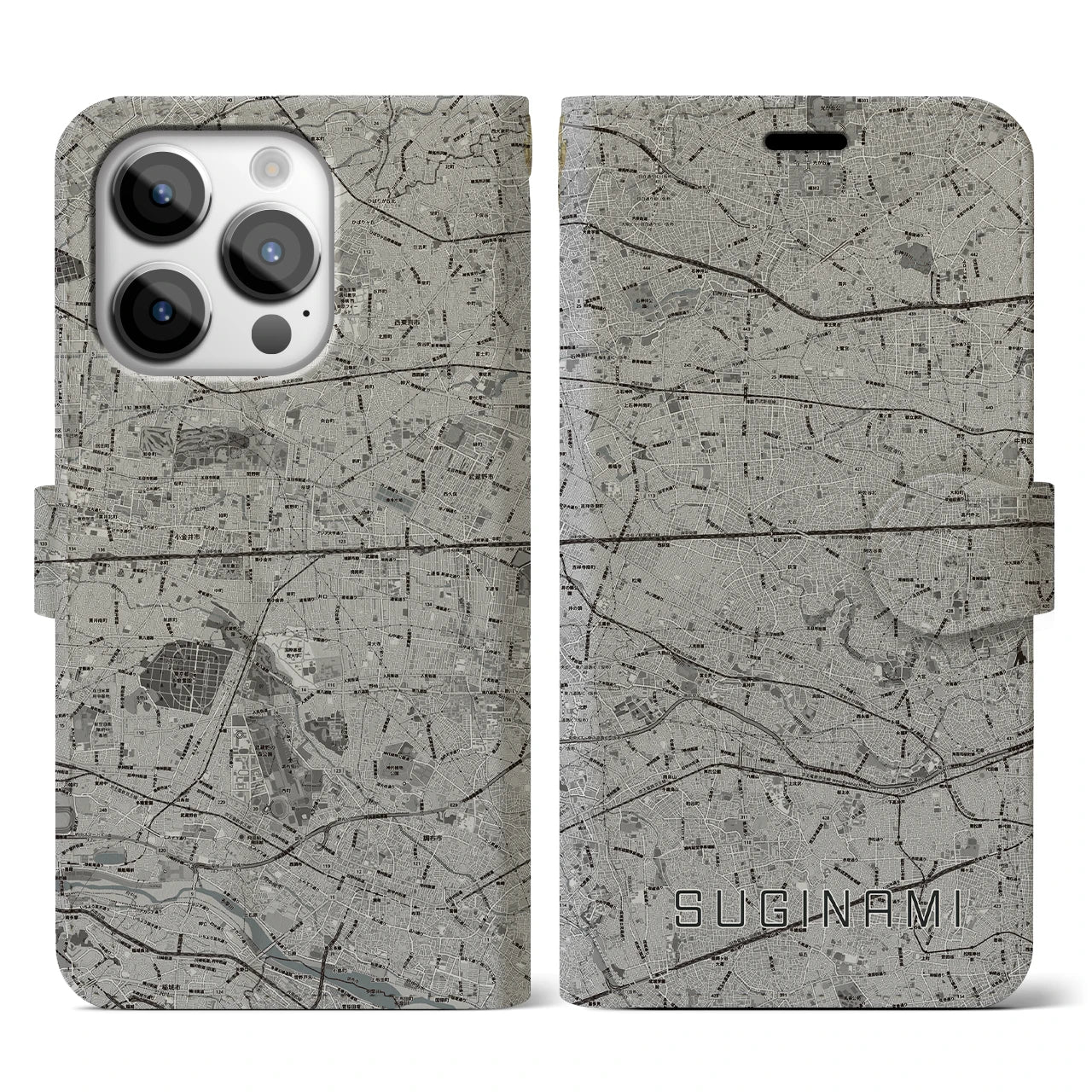 【杉並(東京都)】地図柄iPhoneケース(手帳タイプ)モノトーン・iPhone 14 Pro 用