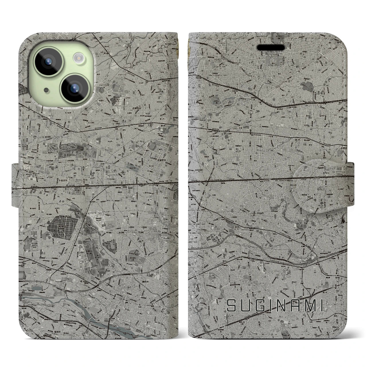 【杉並(東京都)】地図柄iPhoneケース(手帳タイプ)モノトーン・iPhone 15 用