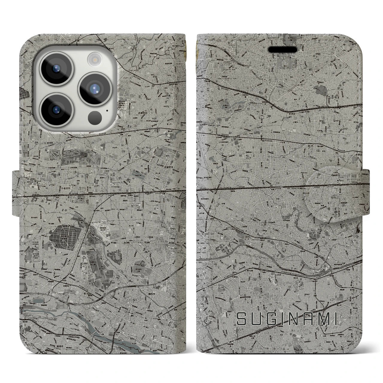 【杉並(東京都)】地図柄iPhoneケース(手帳タイプ)モノトーン・iPhone 15 Pro 用
