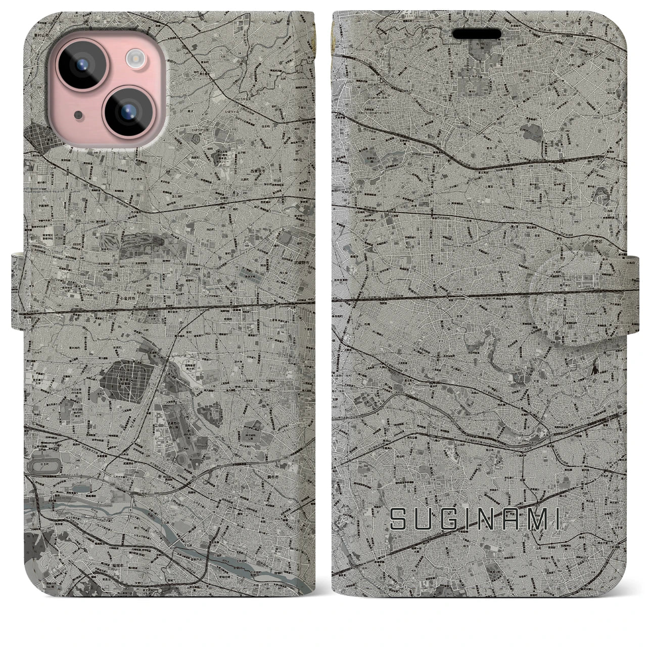 【杉並(東京都)】地図柄iPhoneケース(手帳タイプ)モノトーン・iPhone 15 Plus 用