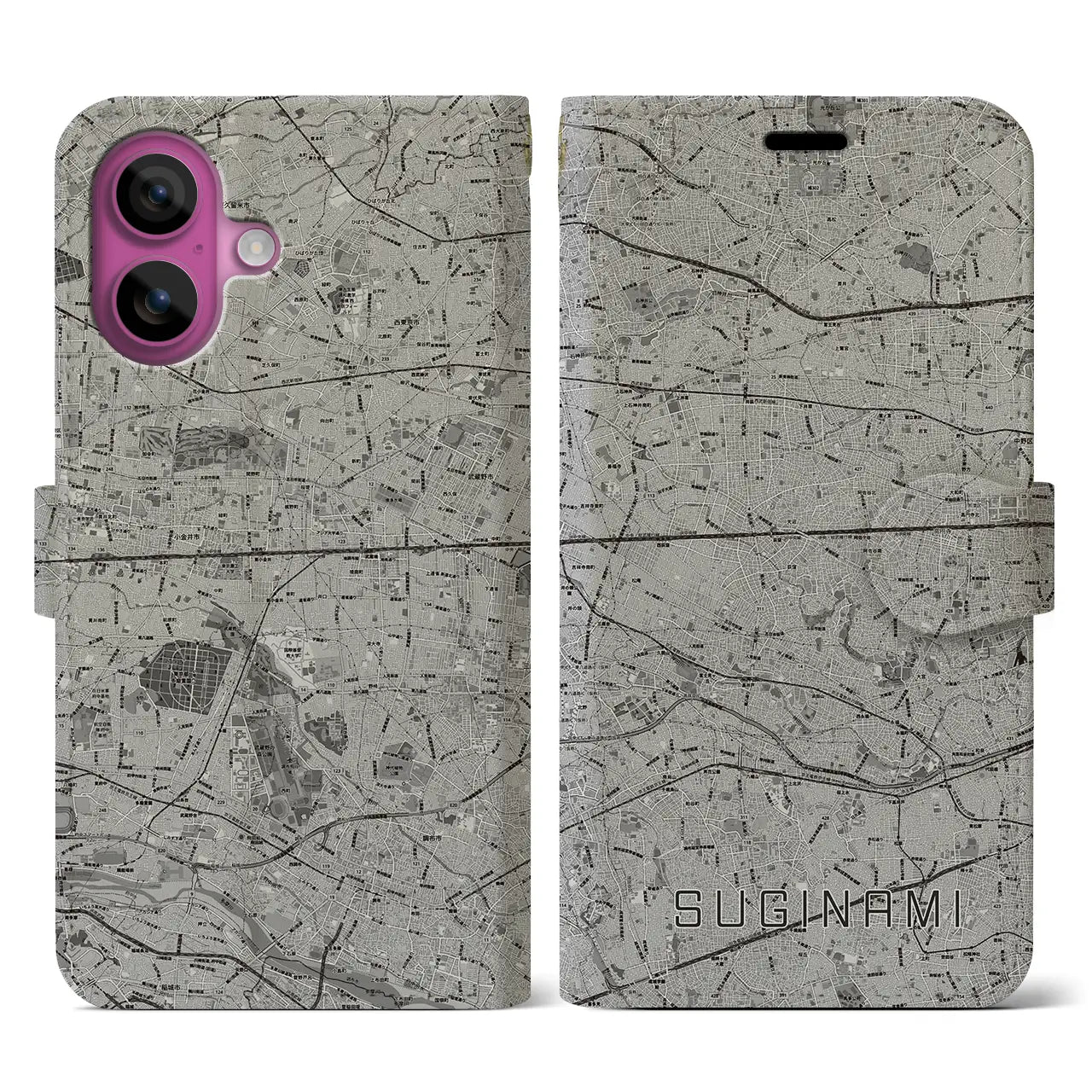 【杉並(東京都)】地図柄iPhoneケース(手帳タイプ)モノトーン・iPhone 16 Pro 用