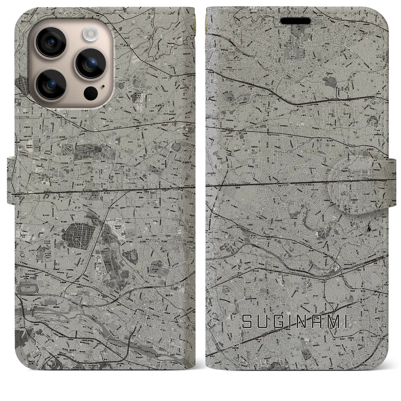 【杉並(東京都)】地図柄iPhoneケース(手帳タイプ)モノトーン・iPhone 16 Plus 用