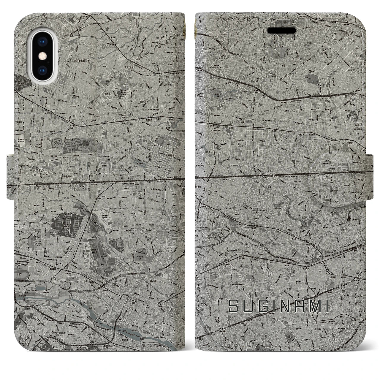 【杉並(東京都)】地図柄iPhoneケース(手帳タイプ)モノトーン・iPhone XS Max 用