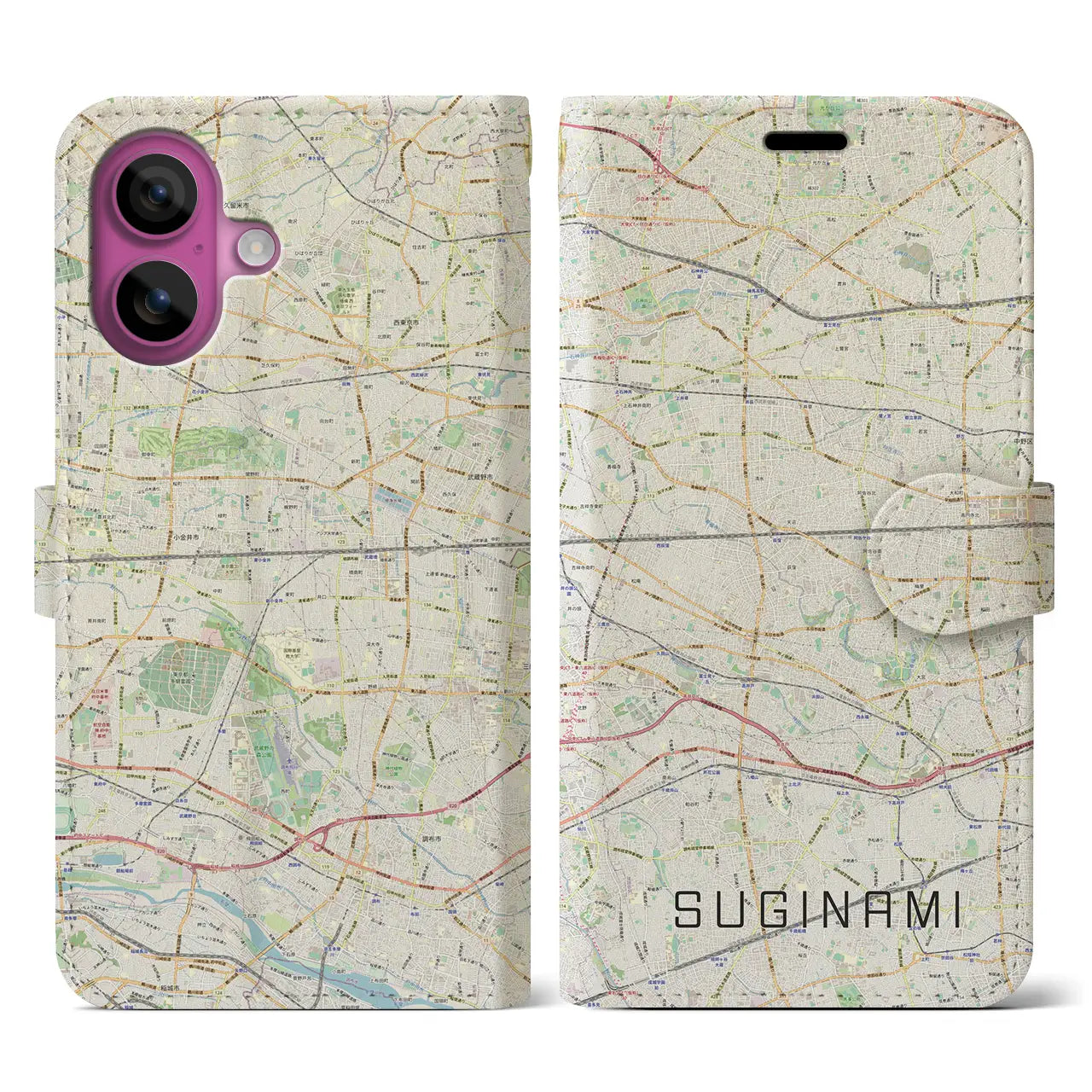 【杉並(東京都)】地図柄iPhoneケース(手帳タイプ)ナチュラル・iPhone 16 Pro 用