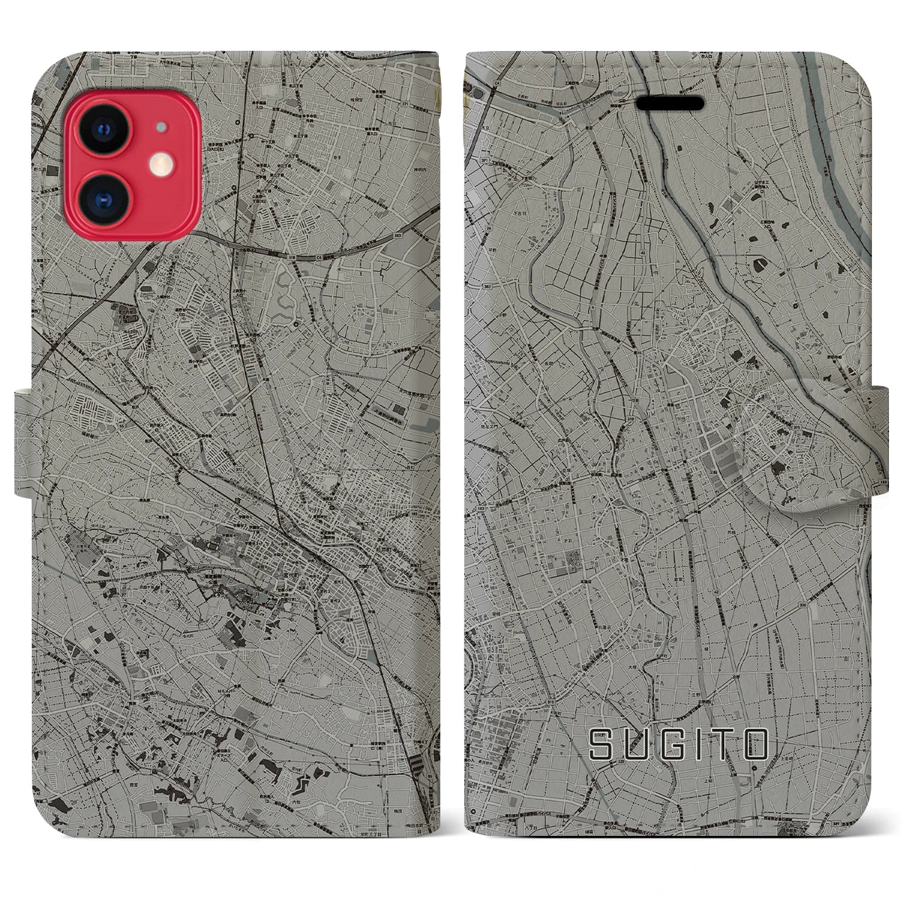 【杉戸(埼玉県)】地図柄iPhoneケース(手帳タイプ)モノトーン・iPhone 11 用