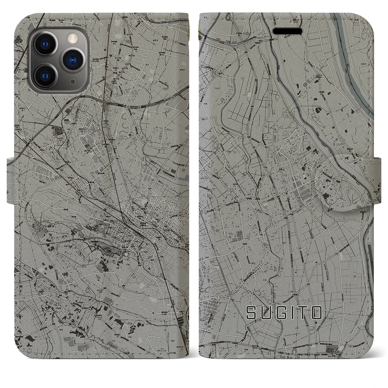 【杉戸(埼玉県)】地図柄iPhoneケース(手帳タイプ)モノトーン・iPhone 11 Pro Max 用