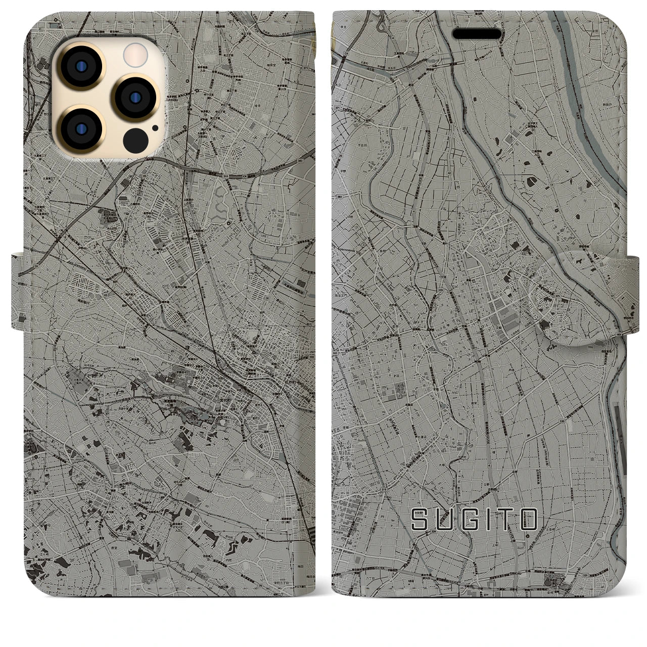 【杉戸(埼玉県)】地図柄iPhoneケース(手帳タイプ)モノトーン・iPhone 12 Pro Max 用