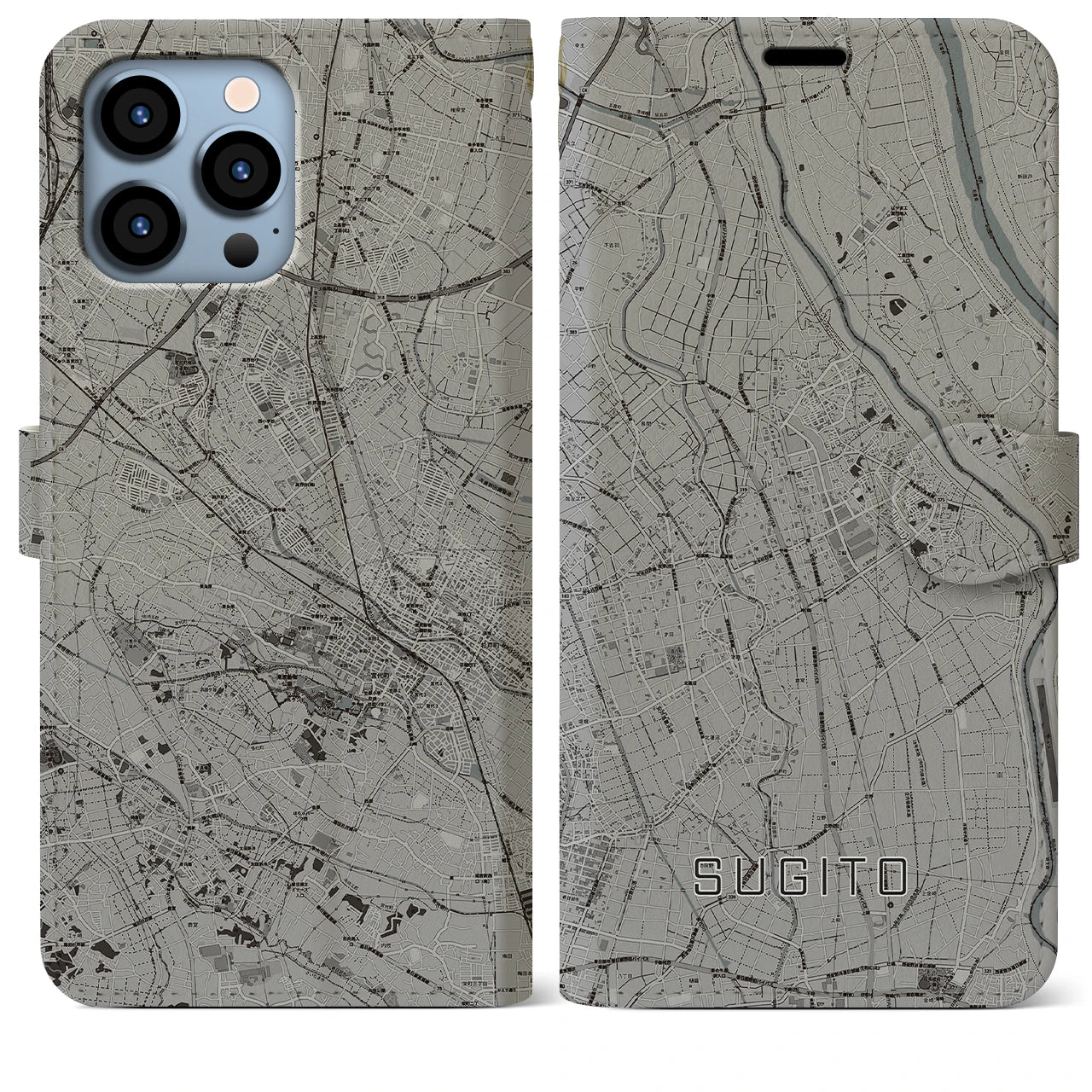 【杉戸(埼玉県)】地図柄iPhoneケース(手帳タイプ)モノトーン・iPhone 13 Pro Max 用