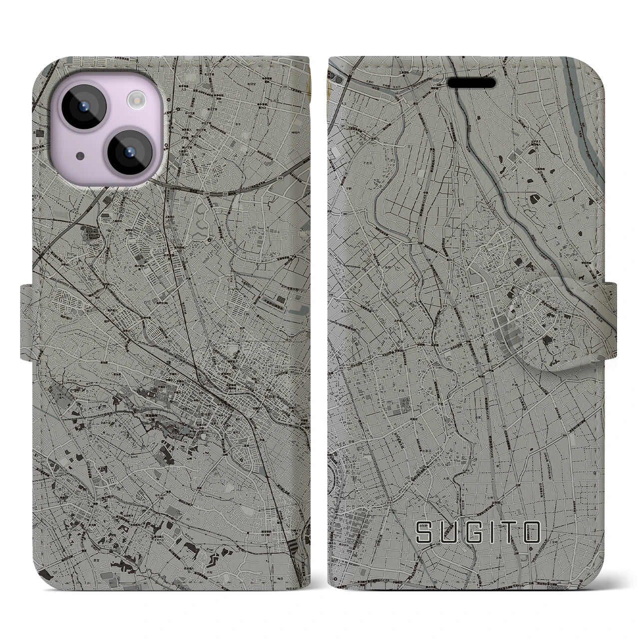 【杉戸(埼玉県)】地図柄iPhoneケース(手帳タイプ)モノトーン・iPhone 14 用