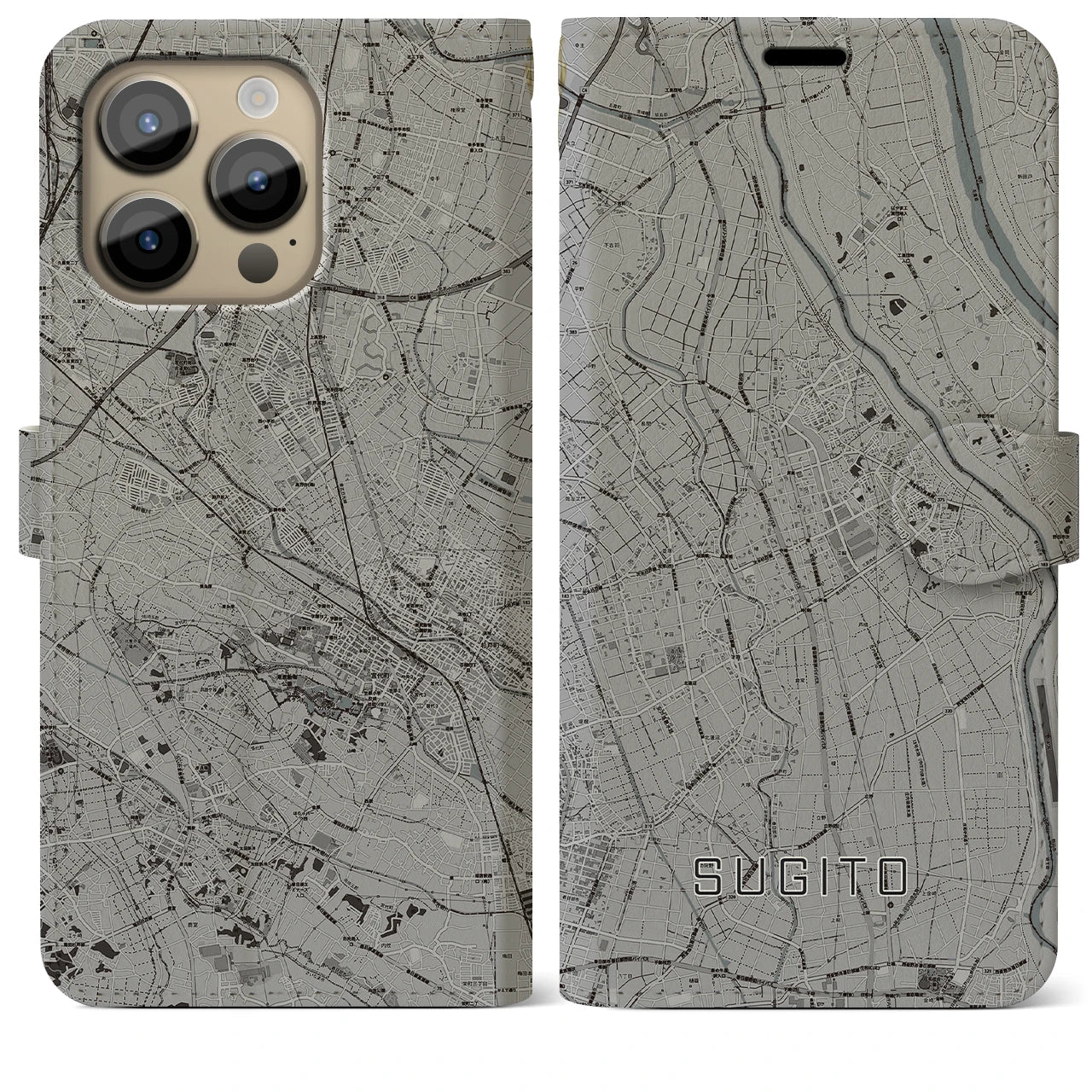 【杉戸(埼玉県)】地図柄iPhoneケース(手帳タイプ)モノトーン・iPhone 14 Pro Max 用