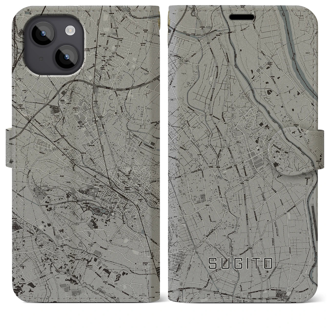 【杉戸(埼玉県)】地図柄iPhoneケース(手帳タイプ)モノトーン・iPhone 14 Plus 用