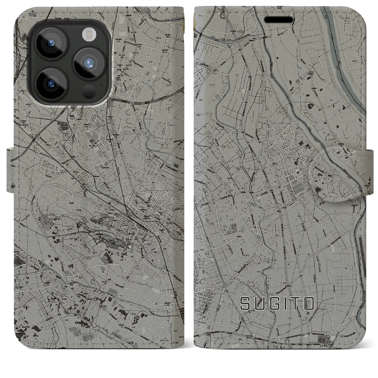 【杉戸(埼玉県)】地図柄iPhoneケース(手帳タイプ)モノトーン・iPhone 15 Pro Max 用