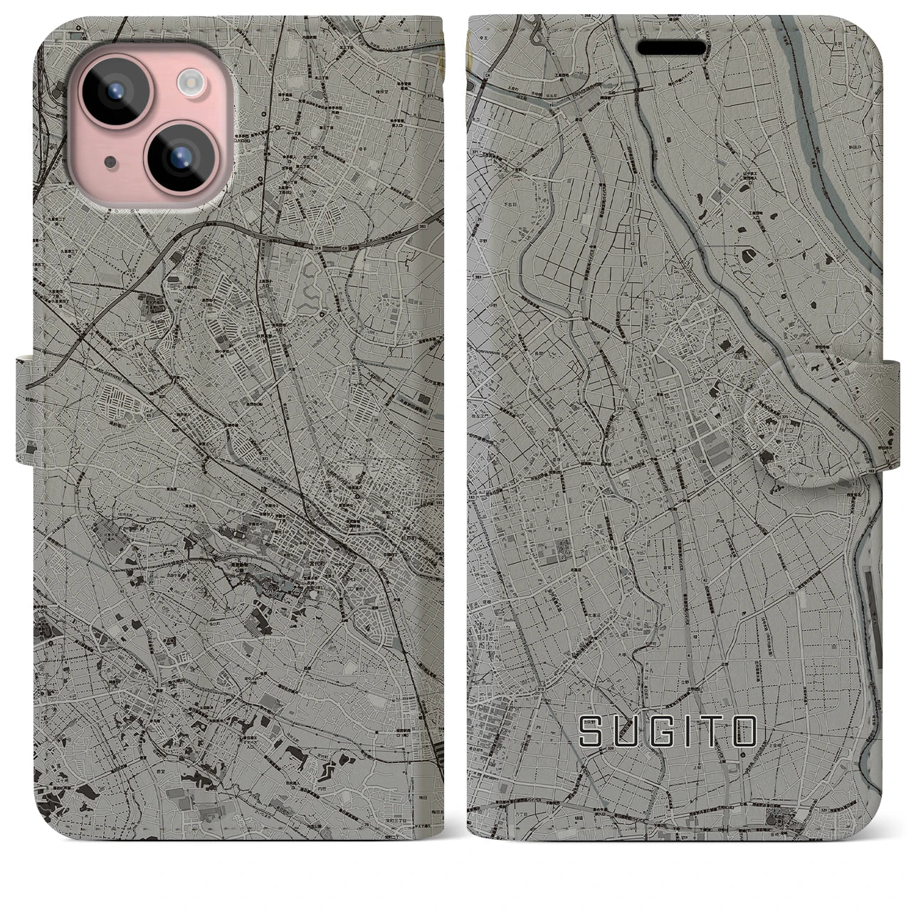 【杉戸(埼玉県)】地図柄iPhoneケース(手帳タイプ)モノトーン・iPhone 15 Plus 用