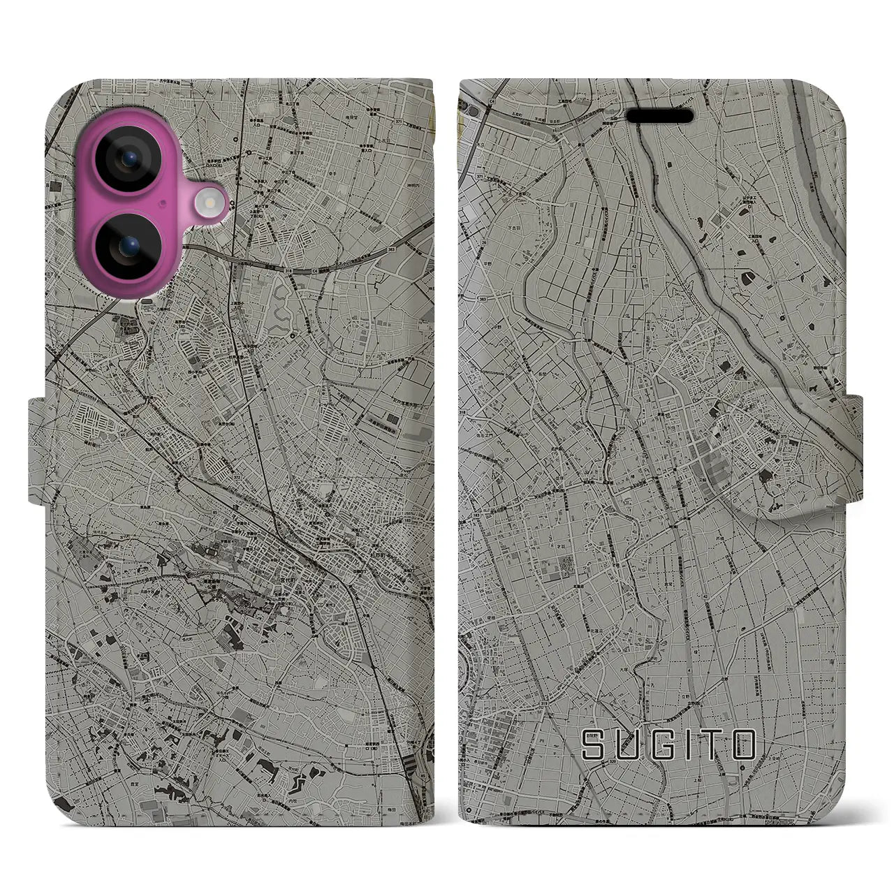 【杉戸(埼玉県)】地図柄iPhoneケース(手帳タイプ)モノトーン・iPhone 16 Pro 用