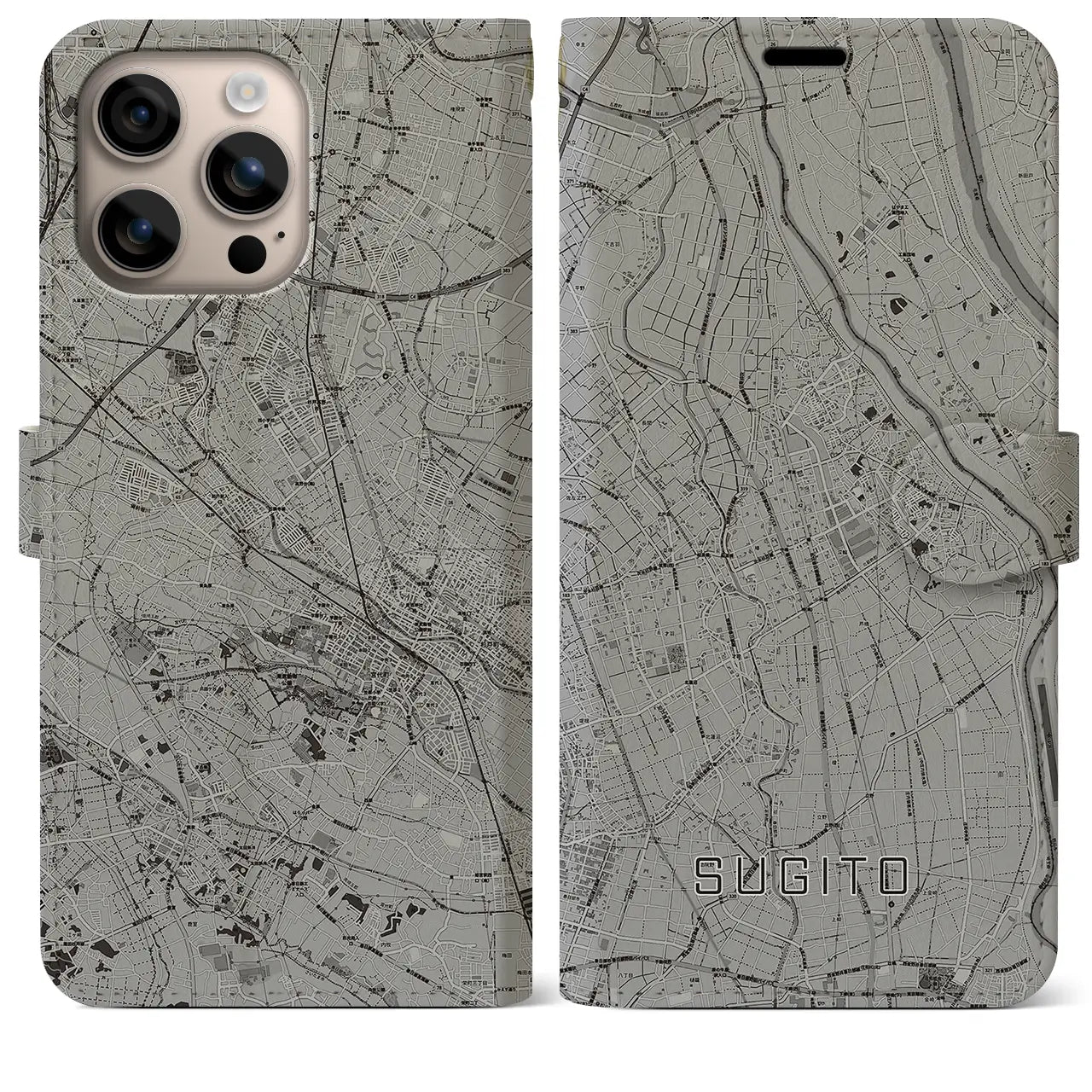 【杉戸(埼玉県)】地図柄iPhoneケース(手帳タイプ)モノトーン・iPhone 16 Plus 用