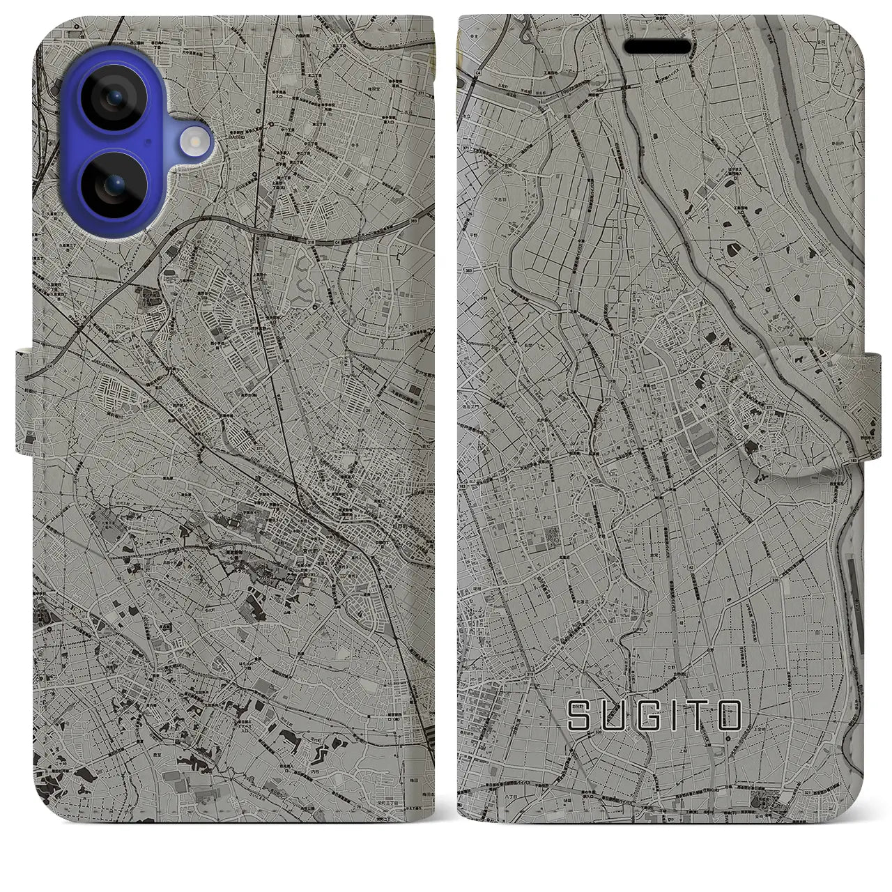 【杉戸(埼玉県)】地図柄iPhoneケース(手帳タイプ)モノトーン・iPhone 16 Pro Max 用