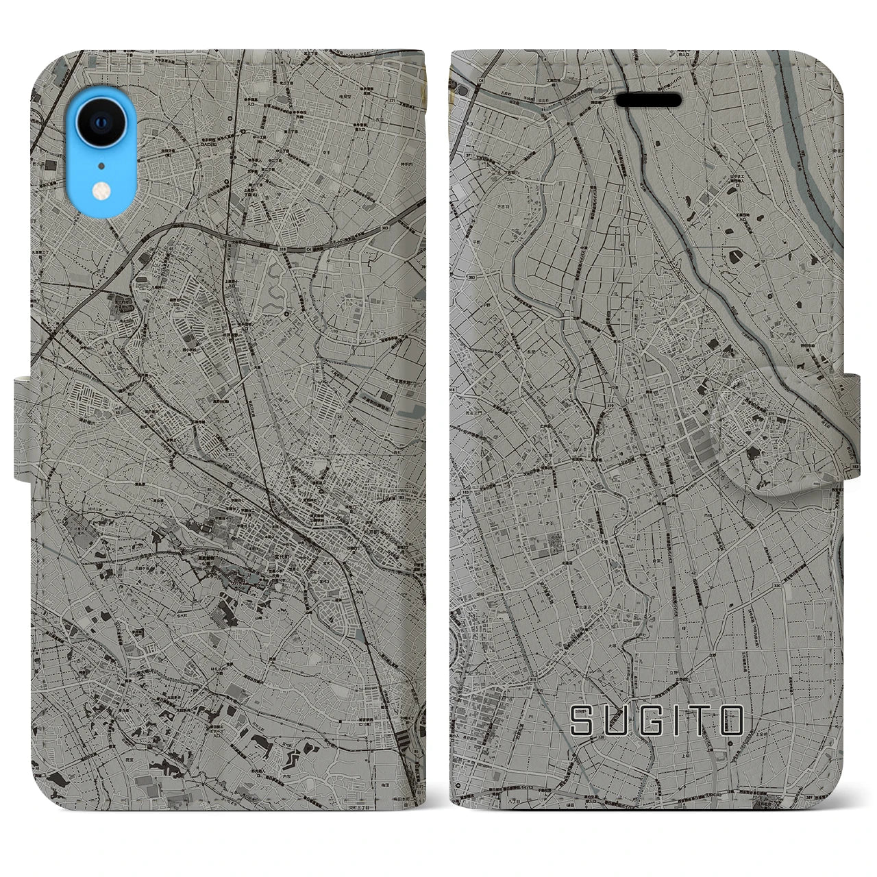 【杉戸(埼玉県)】地図柄iPhoneケース(手帳タイプ)モノトーン・iPhone XR 用