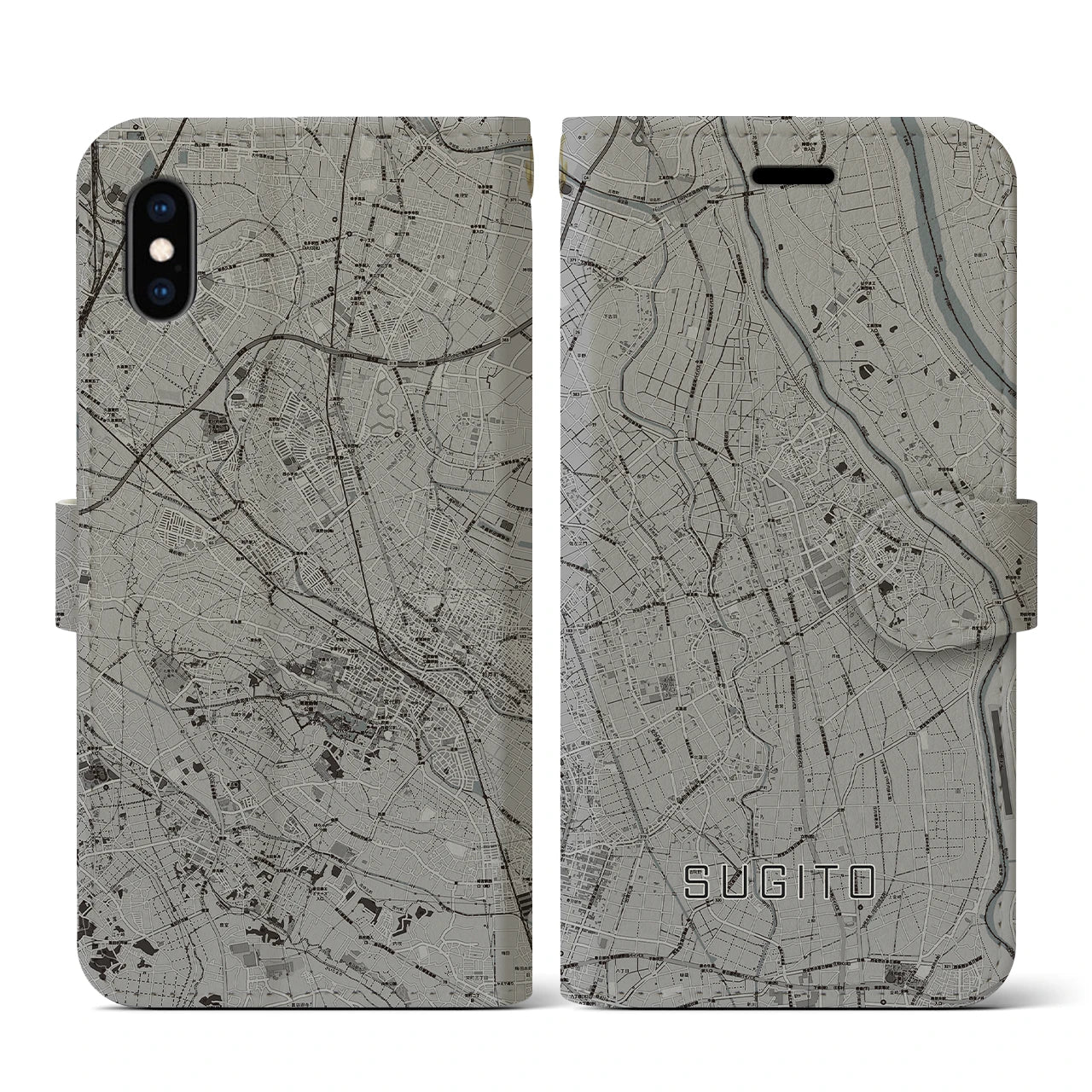 【杉戸(埼玉県)】地図柄iPhoneケース(手帳タイプ)モノトーン・iPhone XS / X 用