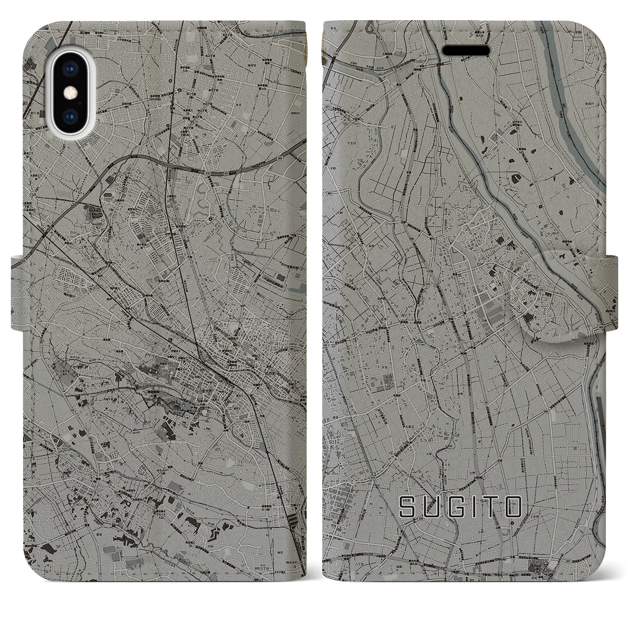 【杉戸(埼玉県)】地図柄iPhoneケース(手帳タイプ)モノトーン・iPhone XS Max 用