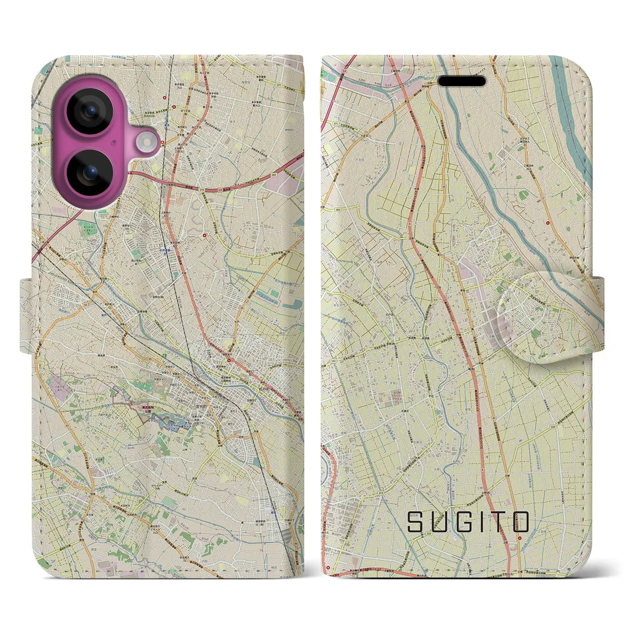 【杉戸(埼玉県)】地図柄iPhoneケース(手帳タイプ)ナチュラル・iPhone 16 Pro 用
