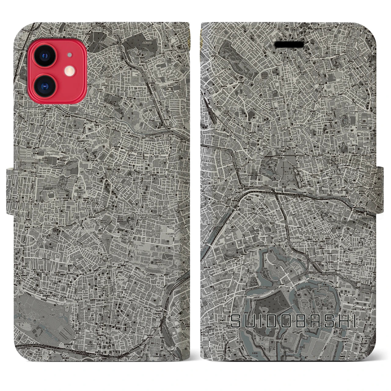 【水道橋(東京都)】地図柄iPhoneケース(手帳タイプ)モノトーン・iPhone 11 用
